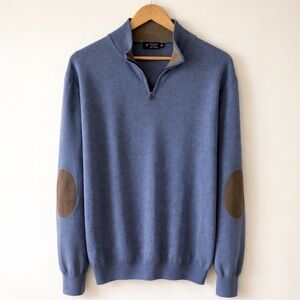 Hackett London Cashmere Silk Merino Quarter Zip Sweater XL Suede Elbow Patches